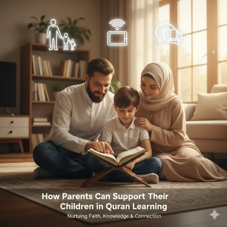 Parents supporting a child's **Quran learning** at home, with a father and mother guiding their son as he **recites** the holy book. Includes icons for **family, Wi-Fi, and religious education**.