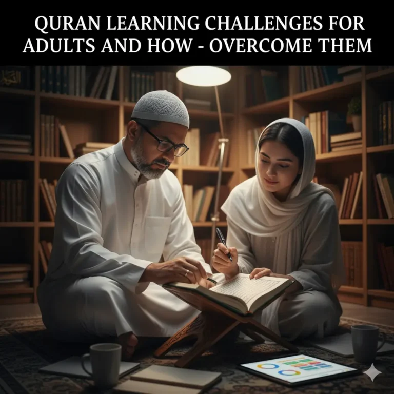 Two Muslim adult students (a man and a woman) studying the Qur'an at night, highlighting "Qur'an Learning Challenges for Adults.