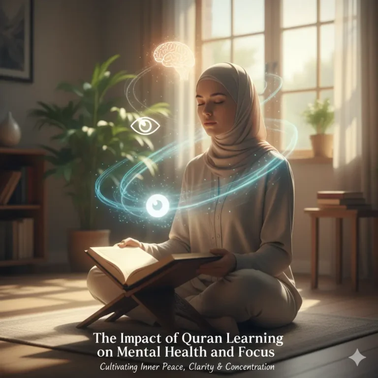 A Muslim woman meditating and studying the Qur'an, illustrating the positive impact of Qur'an learning on mental health and focus, with glow effects representing the brain and peace.