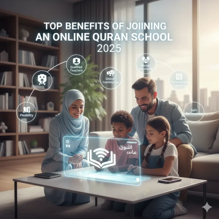 A family using online learning to study the Qur'an, illustrating the "Top Benefits of Joining an Online Qur'an School," such as flexibility and qualified teachers.
