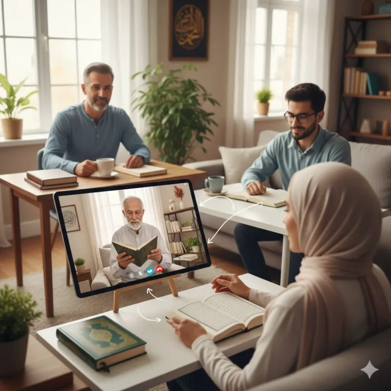 Three students (one woman in hijab and two men) participate in an online Islamic class or Qur'an lesson via a tablet, featuring an older male teacher.