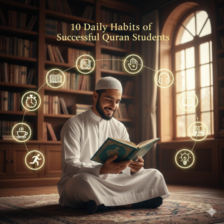 A close-up of open Quran on a wooden stand (rehal) near a prayer mat with sunrise light, symbolizing morning Quran recitation routine, warm and calm tone.