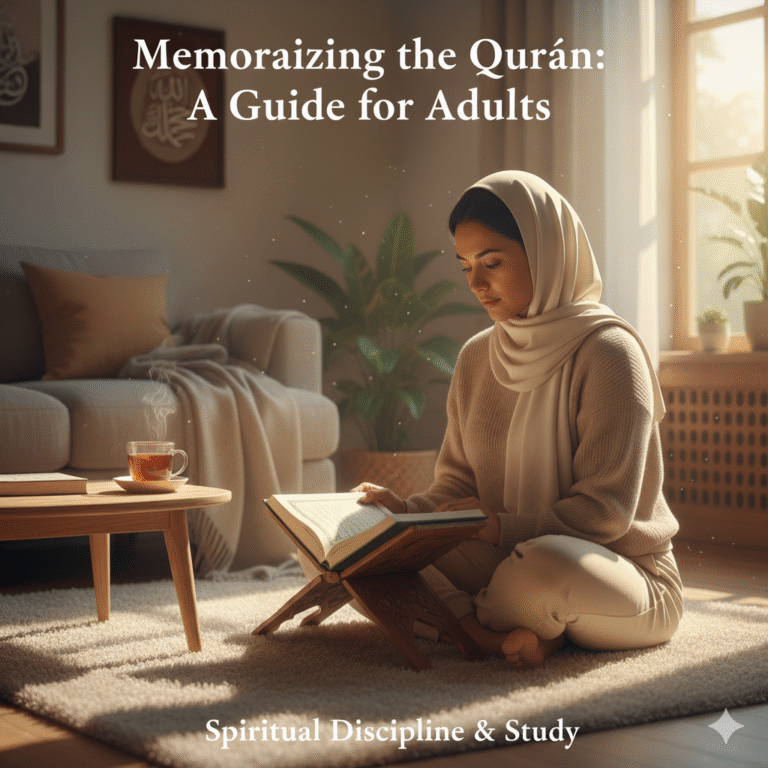 A peaceful adult sitting with an open Qur’an in early morning light, with a cup of tea beside them. Calm home setting, soft sunlight, warm tones, conveying focus and spirituality. Keywords: “memorizing Qur’an”, “spiritual discipline”, “Qur’an study for adults