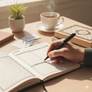 A close-up of a hand marking a daily Qur’an memorization schedule on a notebook or planner, with Qur’an pages and a pen visible. Cozy workspace setup, inspiring tone.