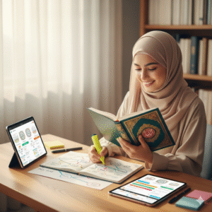 Social learner benefiting from group Quran learning sessions.