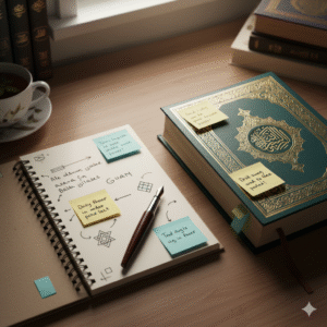 A Quran study setup with a notebook, pen, and sticky notes beside an open Quran, representing reflection and note-taking habit for Quran students.